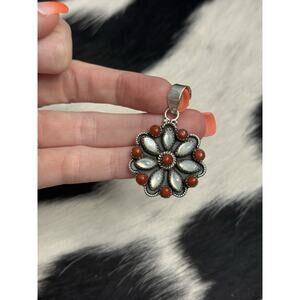 Native American Sterling Silver Mother Pearl Red Coral Cluster Flower Pendant
